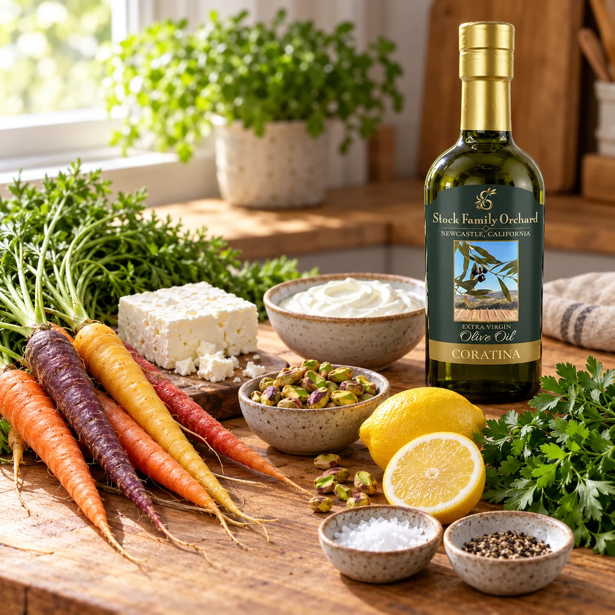 Coratina olive oil bottle with carrots, feta, yogurt, lemon, pistachios and herbs for the recipe