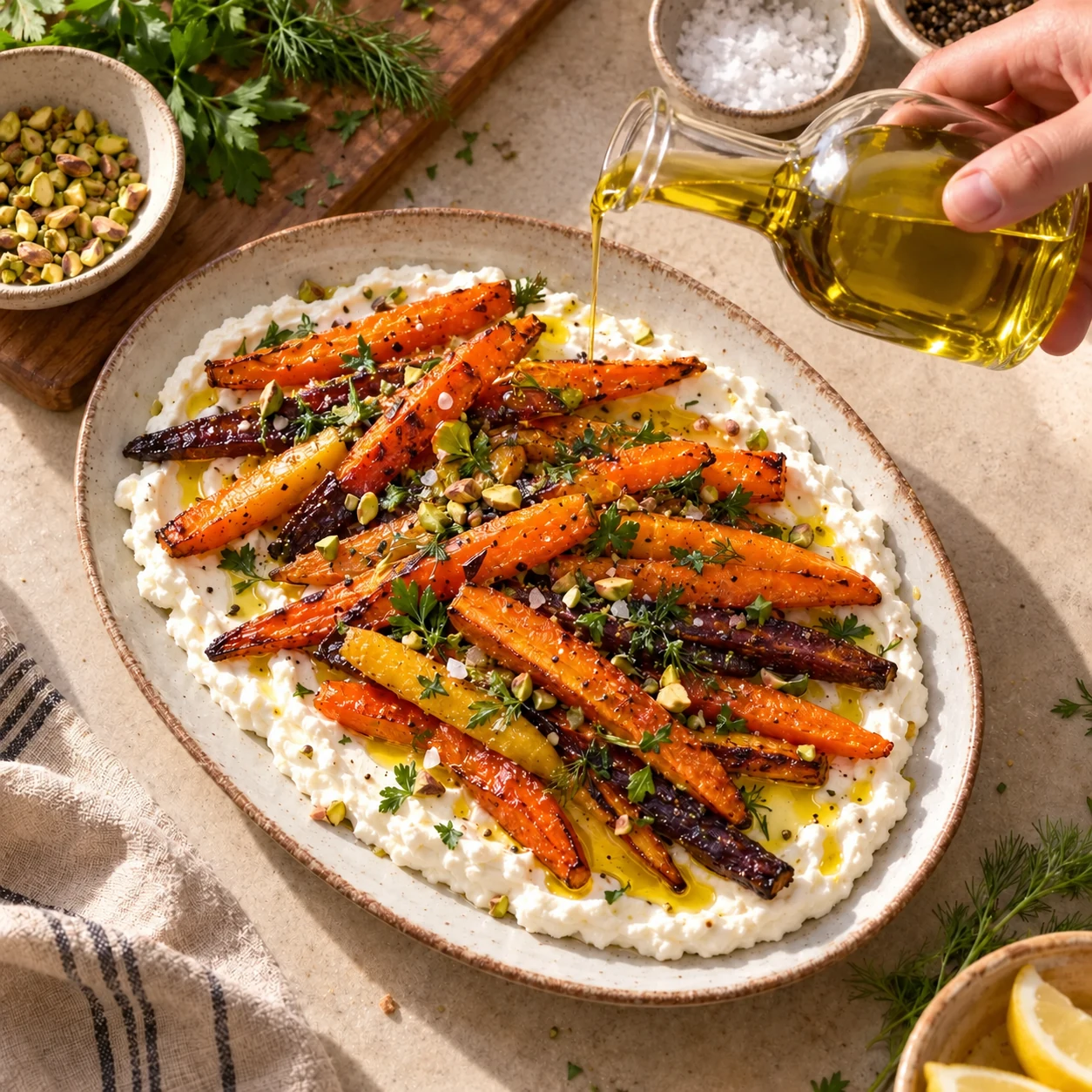 Olive oil poured from a clear glass cruet over roasted carrots and whipped feta