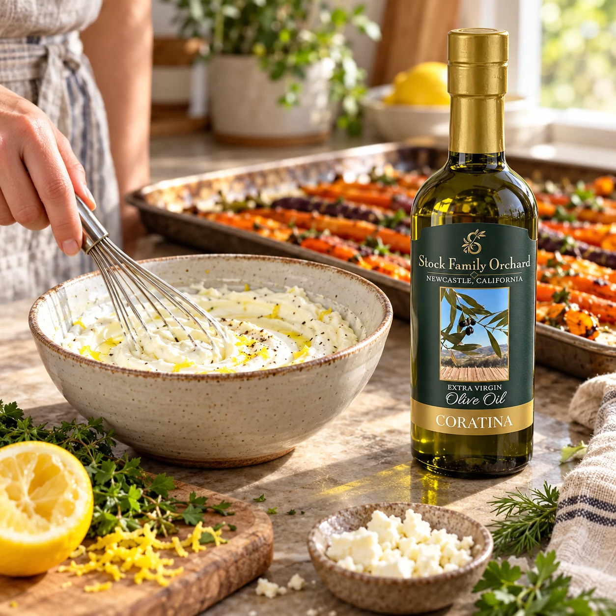 Whipped feta prepared beside an upright Stock Family Orchard Coratina olive oil bottle