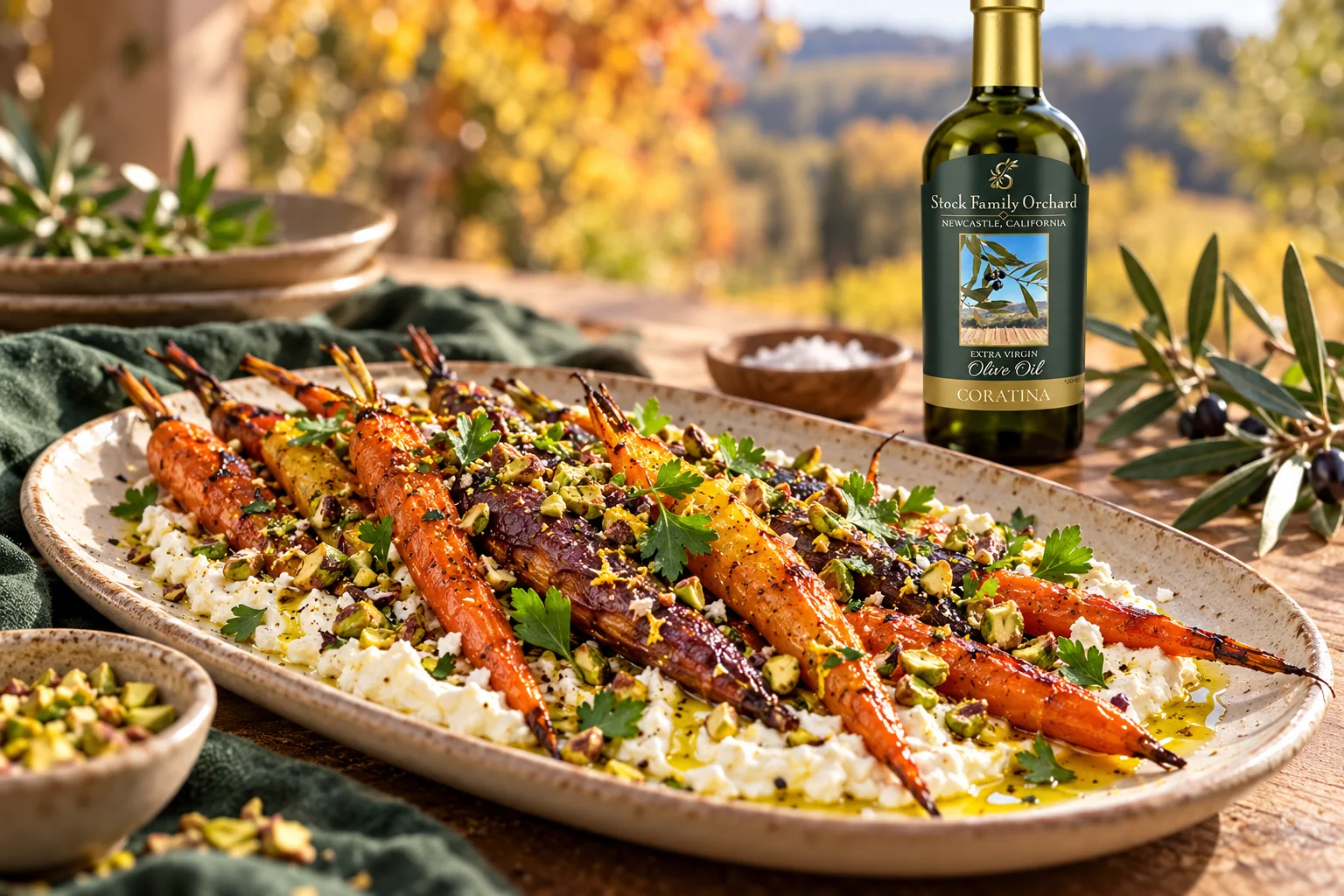 Roasted carrots over whipped feta with pistachios and Stock Family Orchard Coratina olive oil