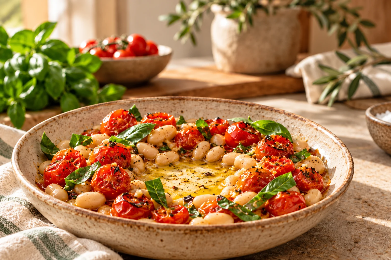 Roasted cherry tomatoes and white beans with basil and olive oil in a ceramic bowl