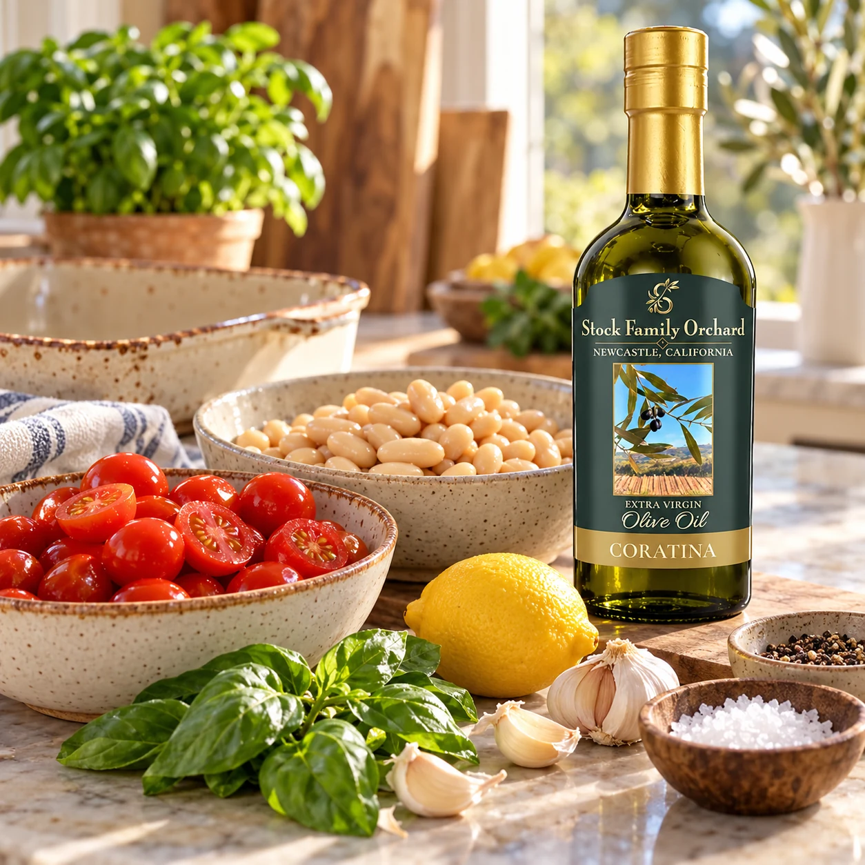 Coratina olive oil bottle with tomatoes, white beans, garlic, lemon and basil ingredients