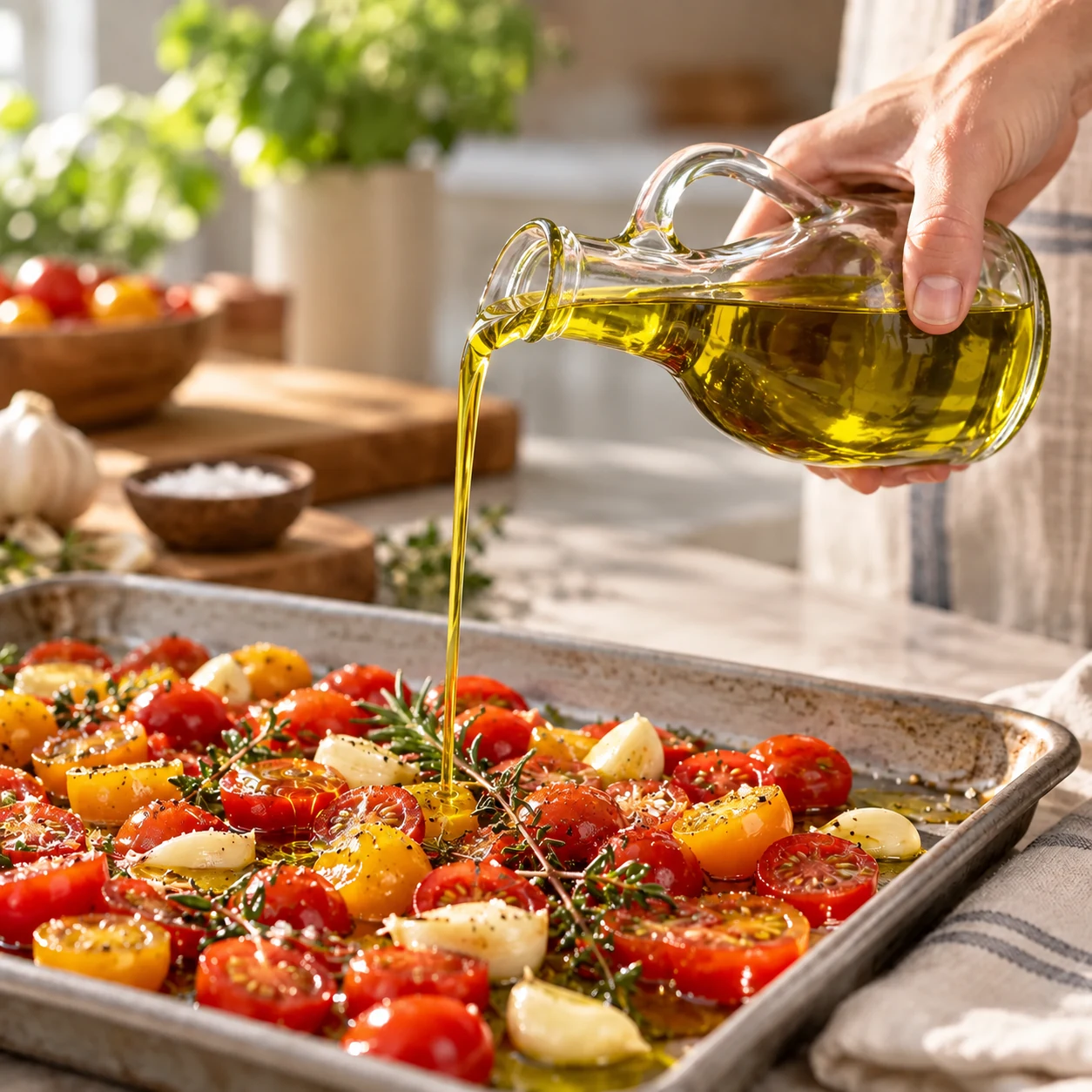 Olive oil poured from a clear glass cruet over cherry tomatoes and garlic before roasting