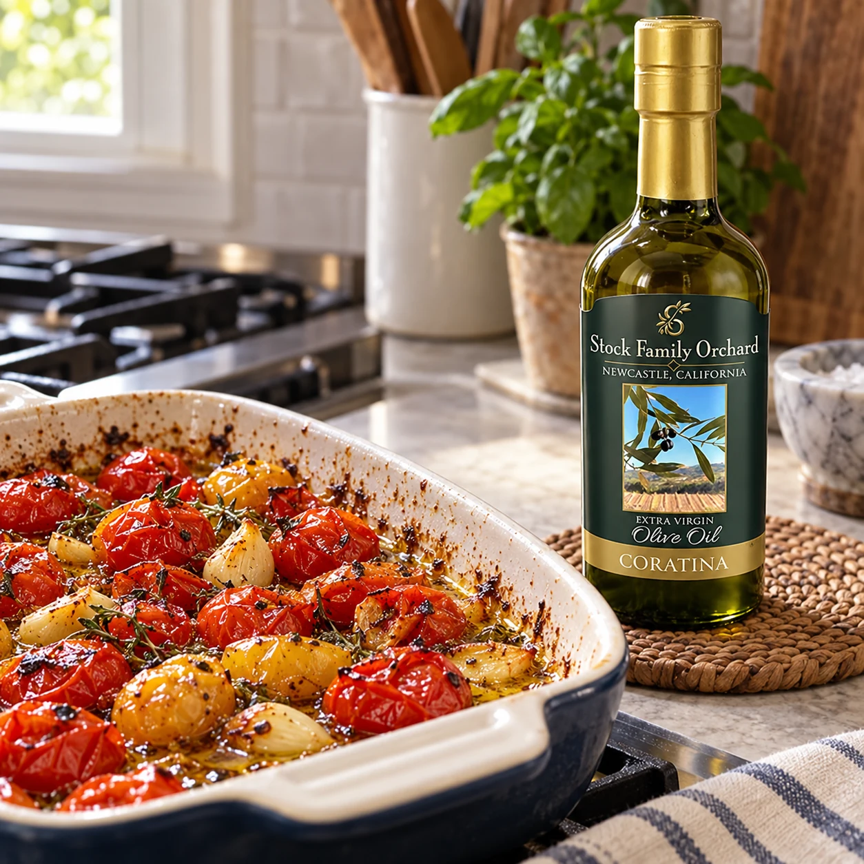 Roasted cherry tomatoes and garlic beside an upright Stock Family Orchard Coratina bottle