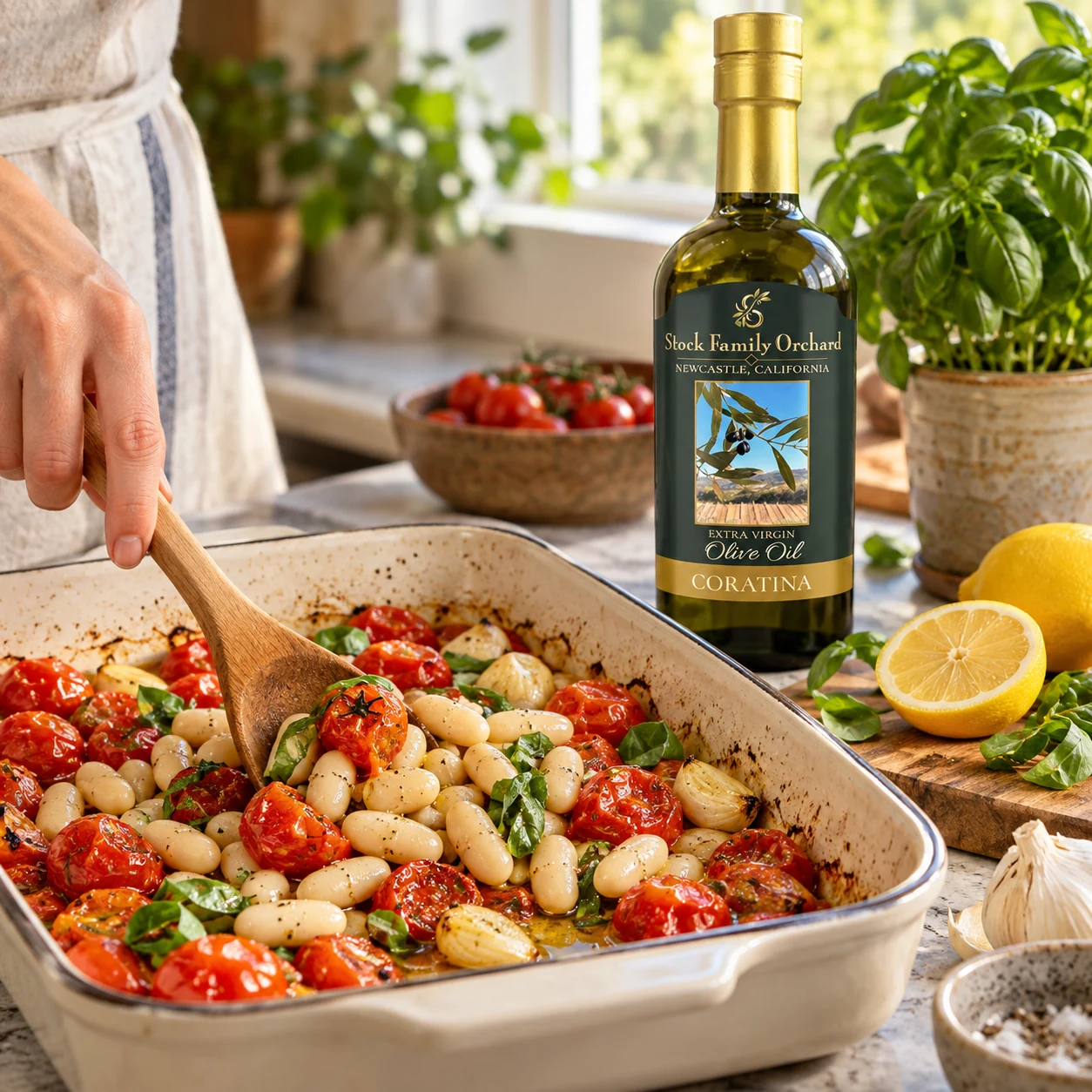 White beans folded into roasted tomatoes beside a Stock Family Orchard Coratina bottle