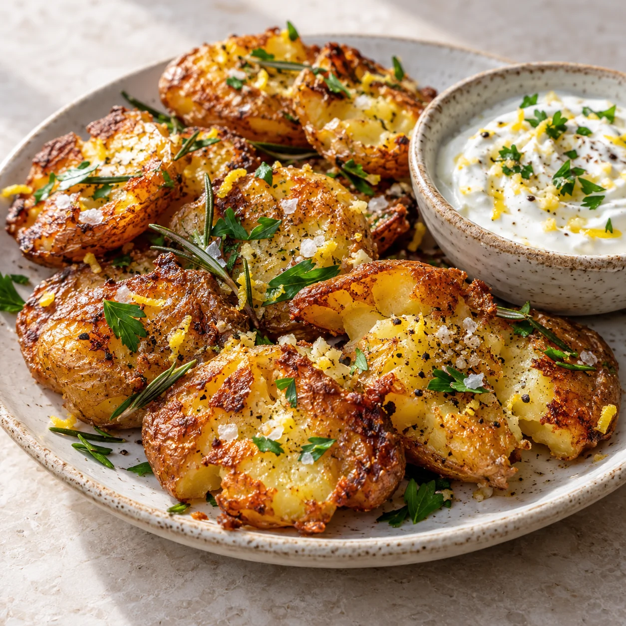 Close-up of crispy smashed potatoes with rosemary and lemon yogurt sauce