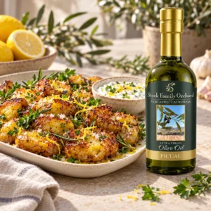 Crispy smashed potatoes with rosemary and lemon yogurt dip beside Stock Family Orchard Picual olive oil bottle