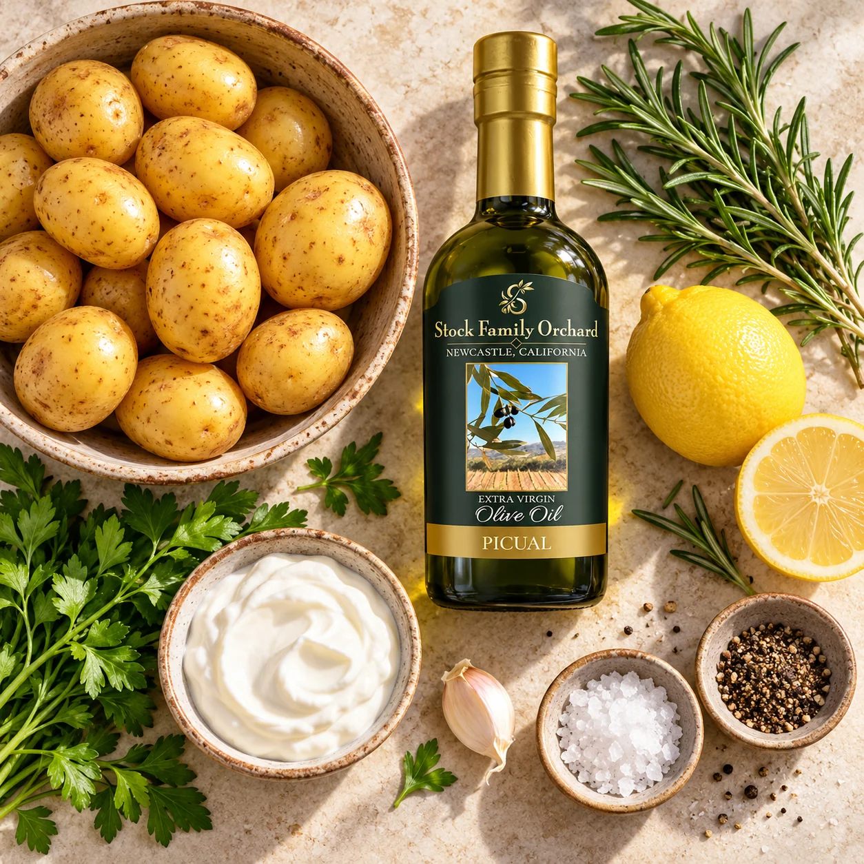 Small potatoes, rosemary, lemon, yogurt and an upright Stock Family Orchard Picual olive oil bottle