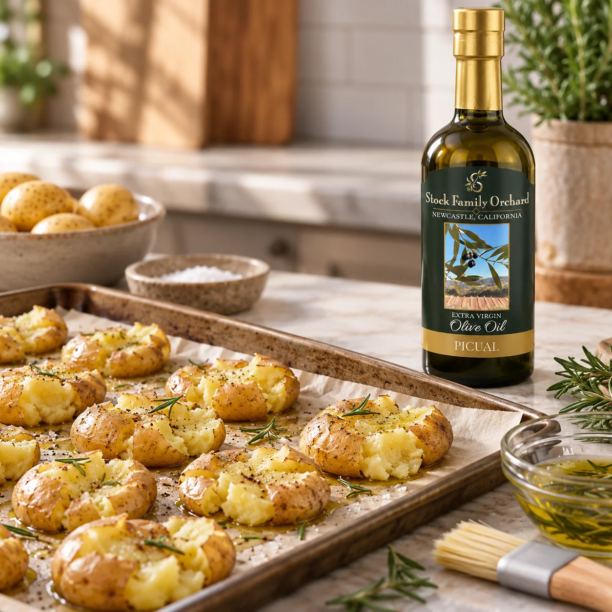 Boiled small potatoes smashed on a baking tray beside Stock Family Orchard Picual olive oil