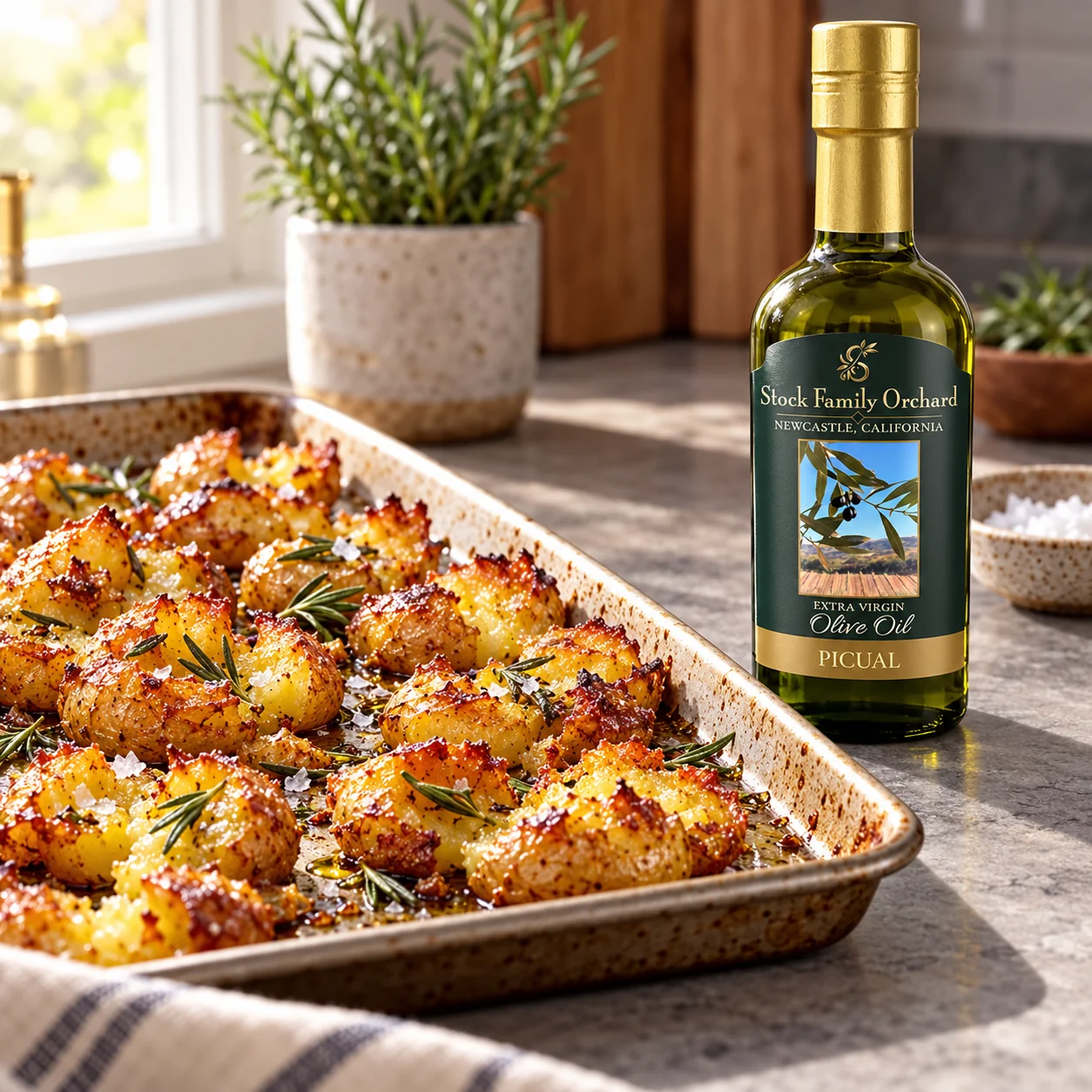 Golden crisp rosemary smashed potatoes on a tray with Stock Family Orchard Picual olive oil