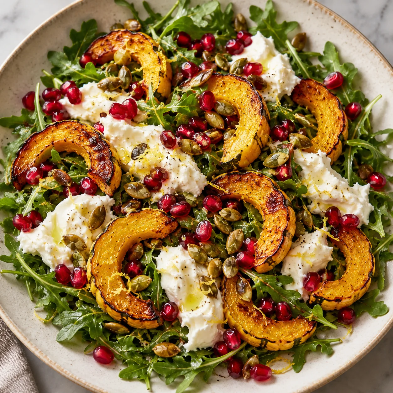 Close-up of roasted delicata squash salad with burrata, arugula, pomegranate and pepitas