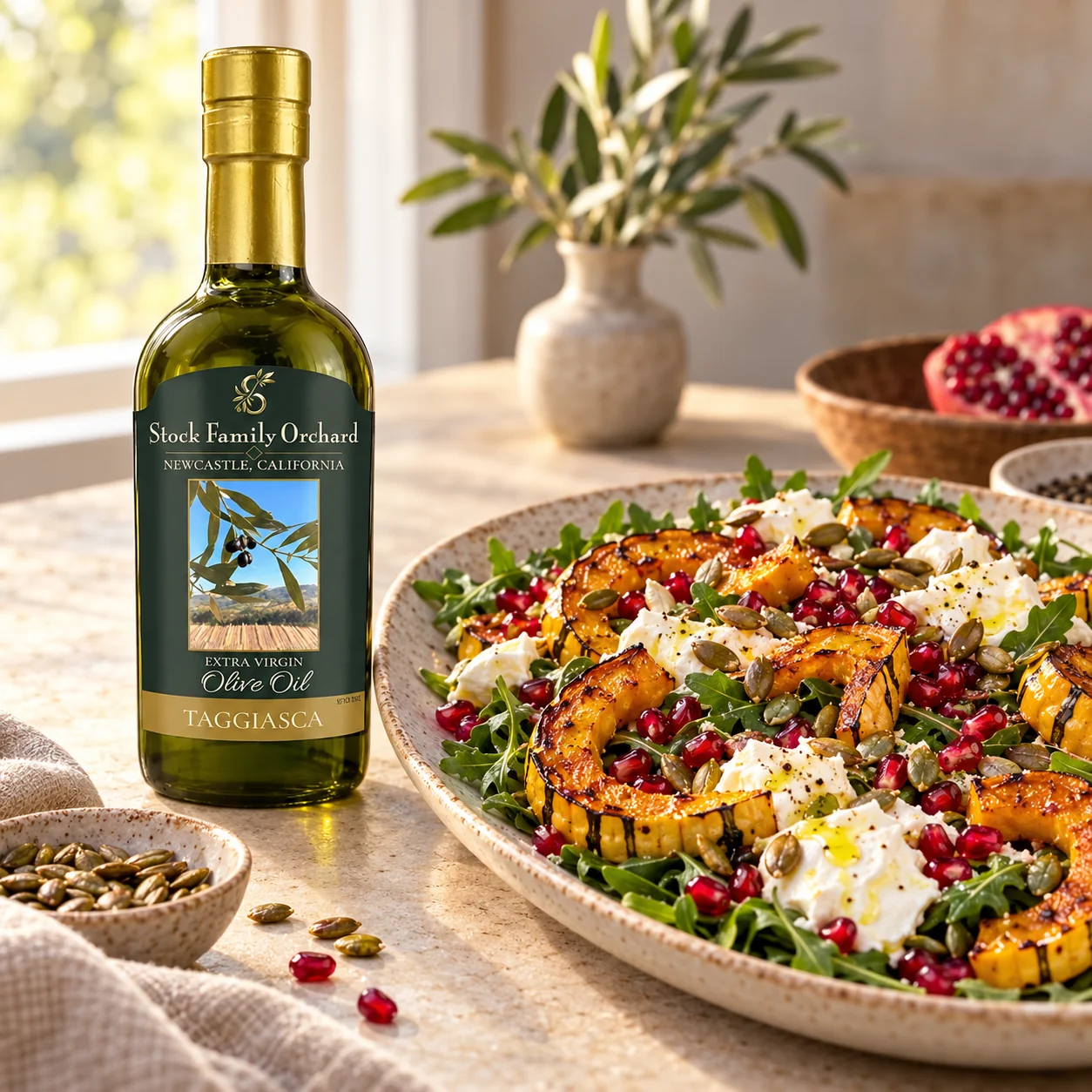 Roasted delicata squash salad with burrata, arugula and Stock Family Orchard Taggiasca olive oil