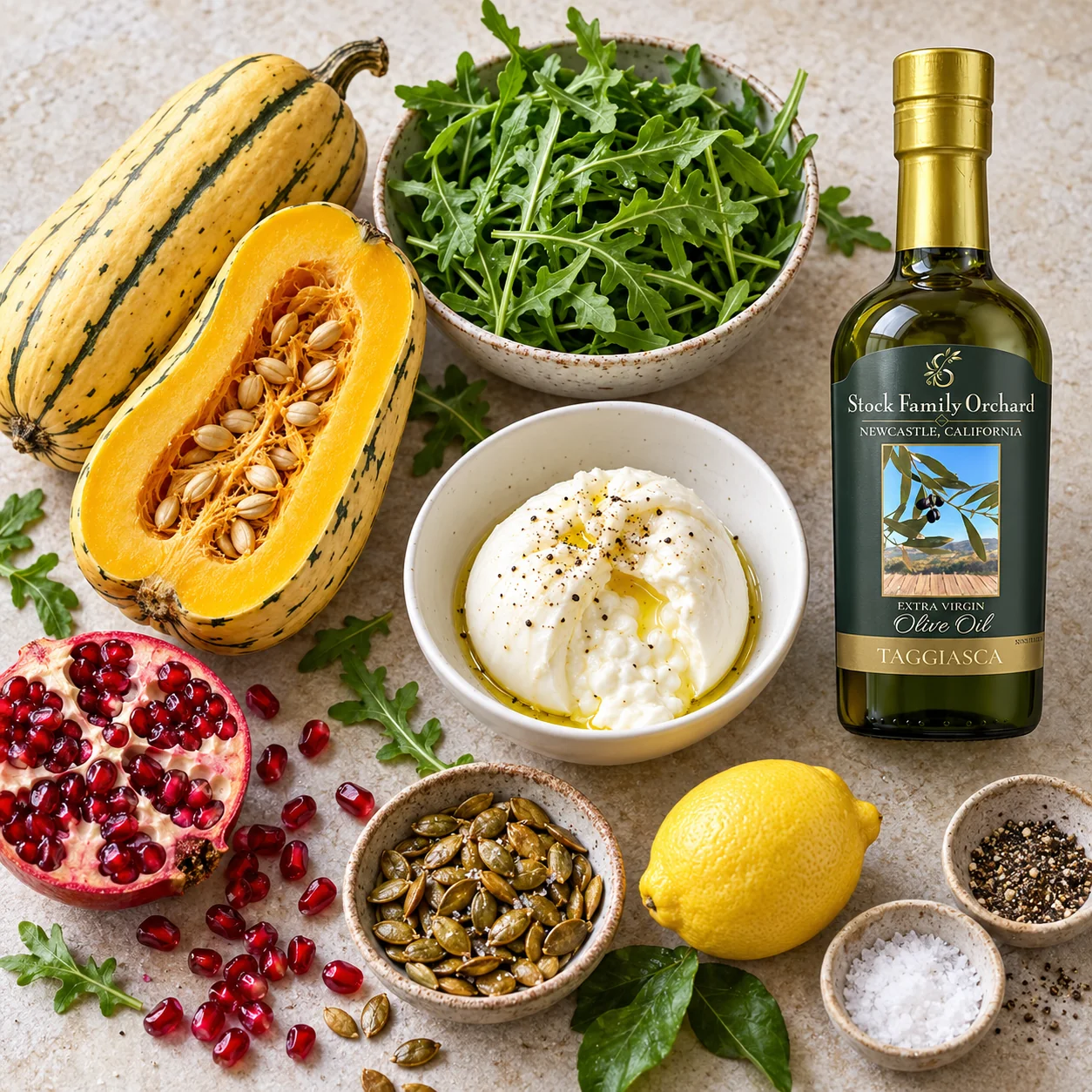 Delicata squash, burrata, arugula, pomegranate, pepitas and a Taggiasca olive oil bottle