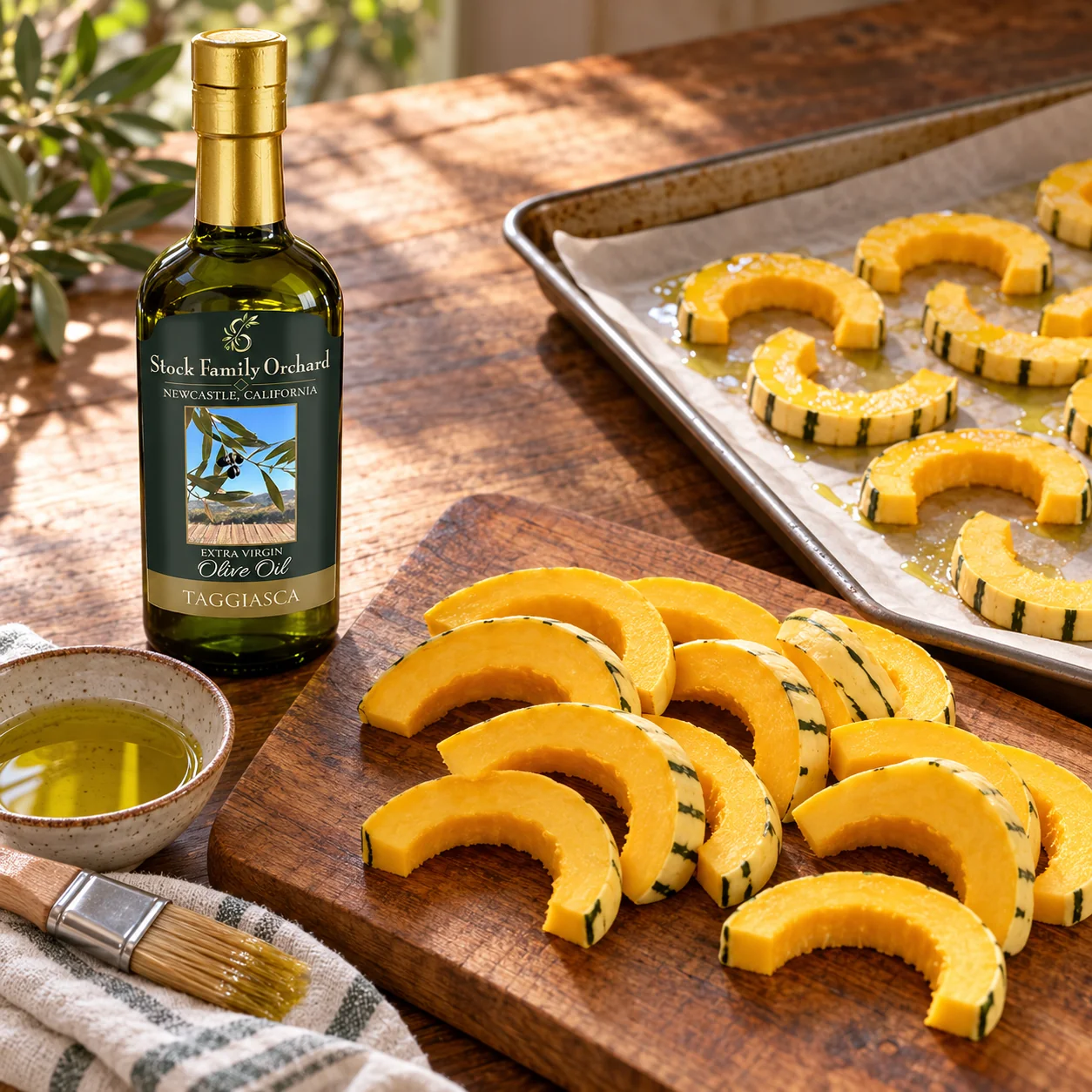 Sliced delicata squash on a board beside an upright Stock Family Orchard Taggiasca bottle