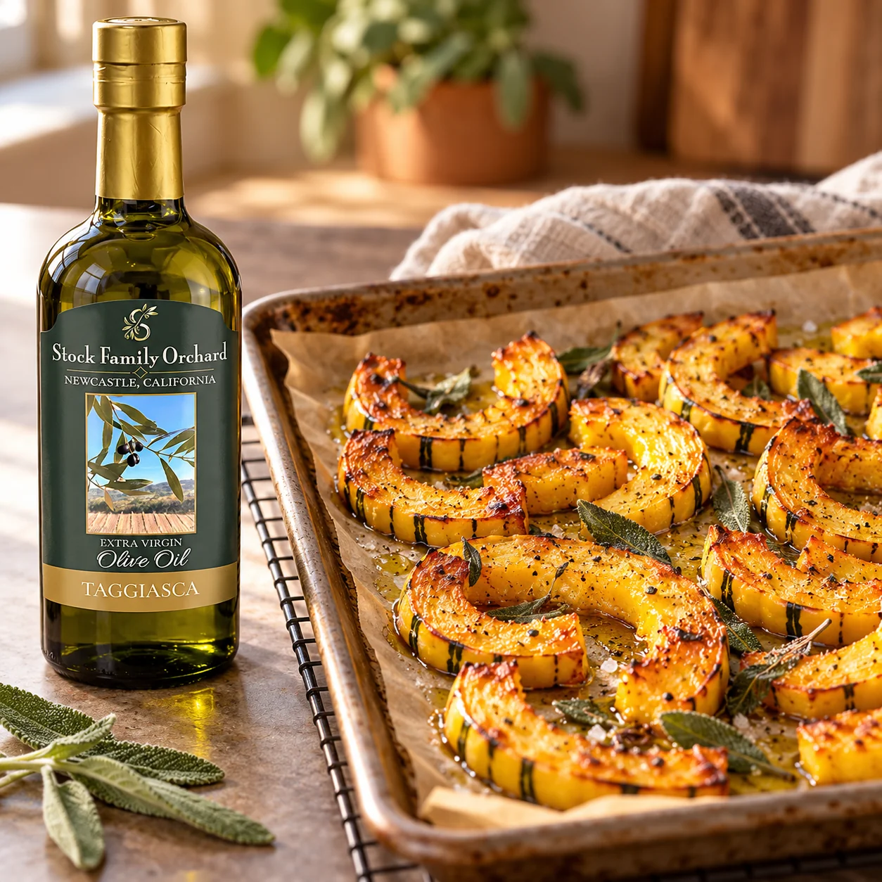 Caramelized delicata squash on a baking tray with Stock Family Orchard Taggiasca olive oil